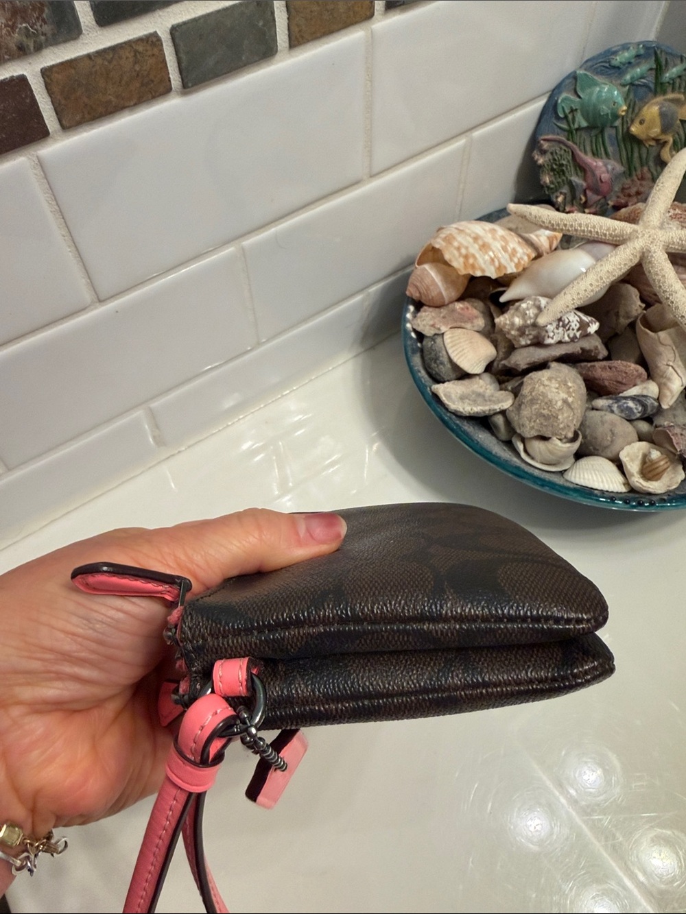 Coach Brown Signature Double Zip Wristlet with Pink Strap - Picture 7 of 10